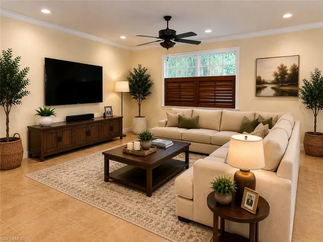 Spacious living area featuring tile flooring, recessed lighting, crown molding, a ceiling fan, and window shutters