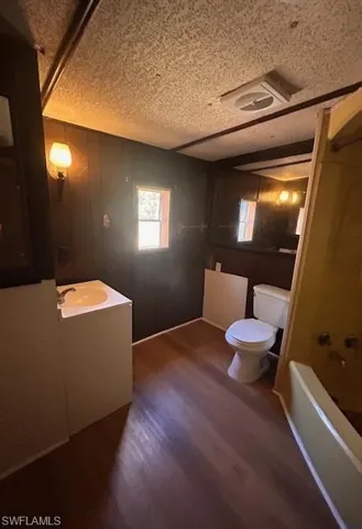 Bathroom with vanity, hardwood / wood-style floors, toilet, and wooden walls