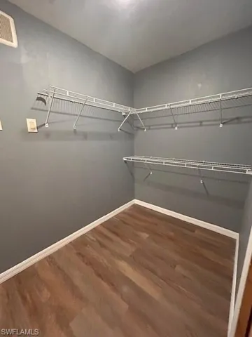 Walk in closet with dark hardwood / wood-style floors