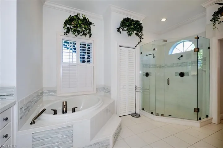 Master bathroom with tile patterned flooring, vanity, ornamental molding, and shower with separate bathtub