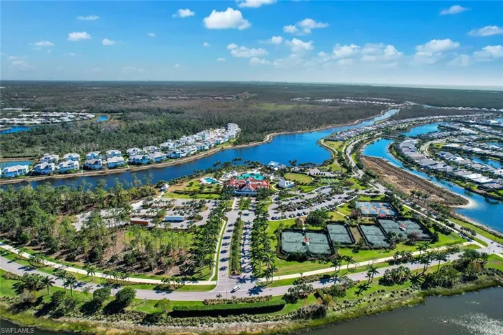 Birds eye view of property with a water view