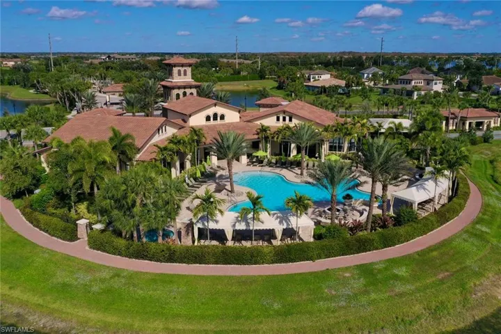 Aerial view of the Bent Creek Clubhouse, featuring the lagoon-style pool, tennis, and pickleball courts.