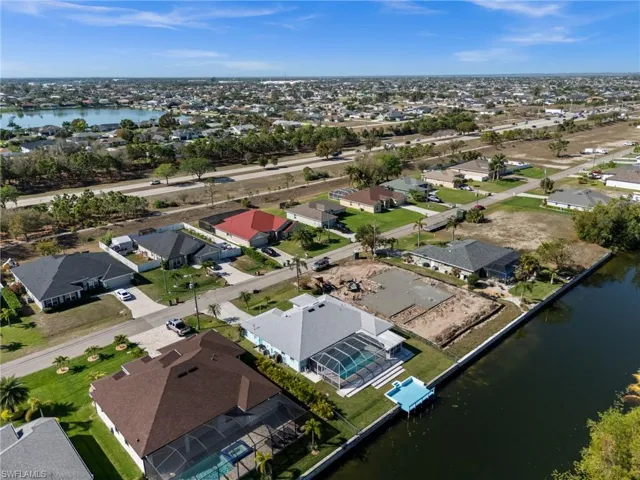 Aerial view of residential area on canal