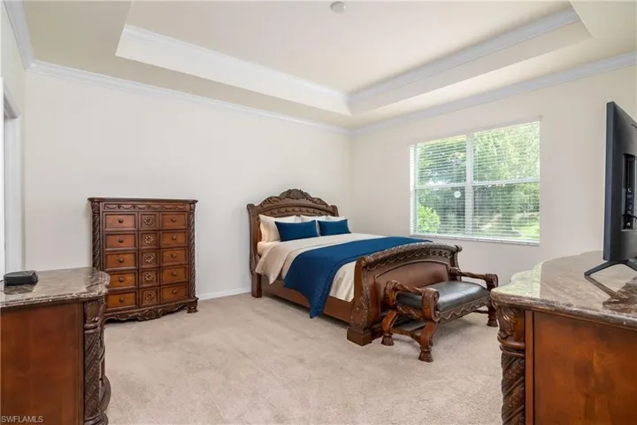 Bedroom featuring ornamental molding, a tray ceiling, and light carpet