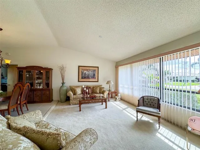 Carpeted living room with a textured ceiling and vaulted ceiling