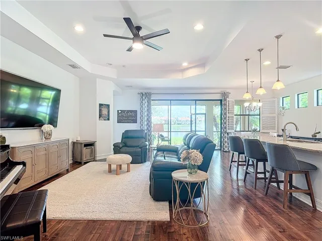 Living room featuring dark wood-type flooring, a raised ceiling, sink, and plenty of natural light