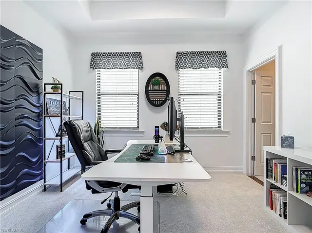 Carpeted home office with a raised ceiling