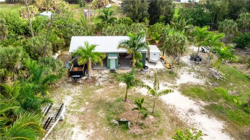 North overhead facing view of fruit trees, palms and more that surround the barn.