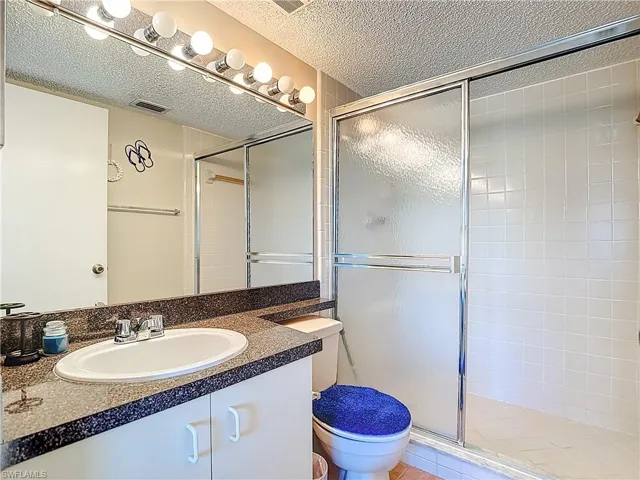 Full bathroom featuring vanity, a textured ceiling, and a shower stall