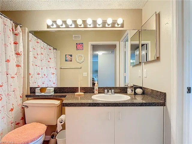 Bathroom featuring vanity, a shower with shower curtain, and a textured ceiling