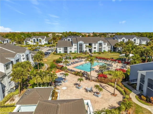 Aerial perspective of suburban area featuring a pool