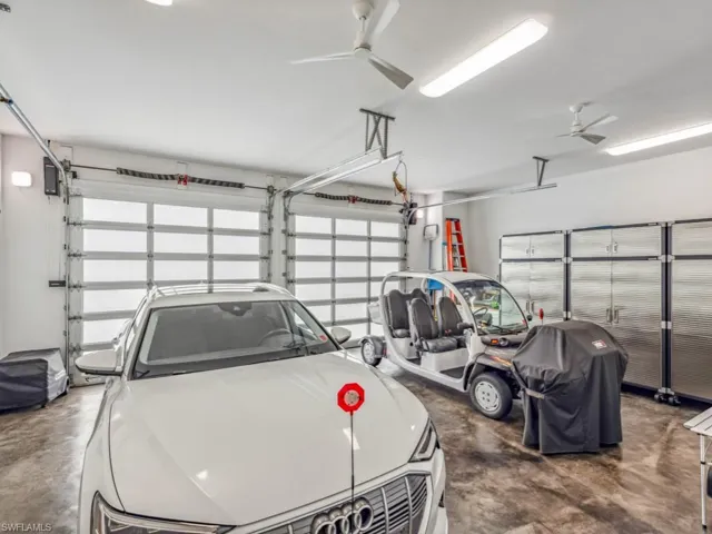 Garage with ceiling fan