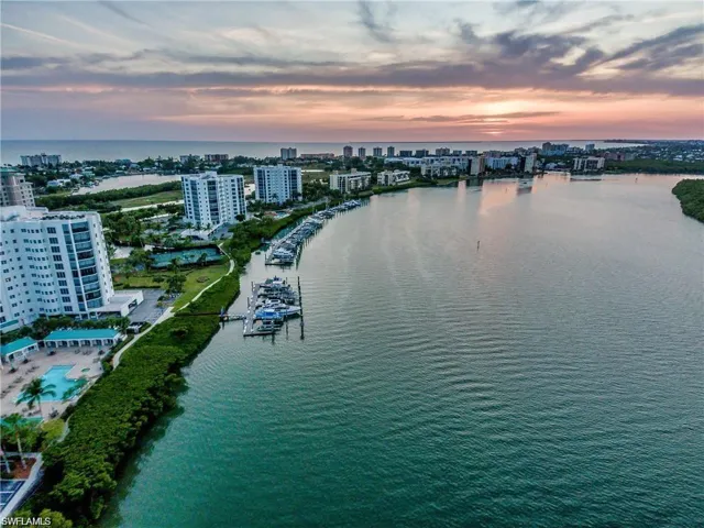Aerial view at dusk with a water view