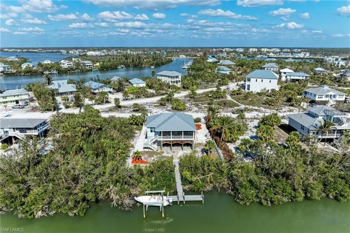 Birds eye view of property with a water view