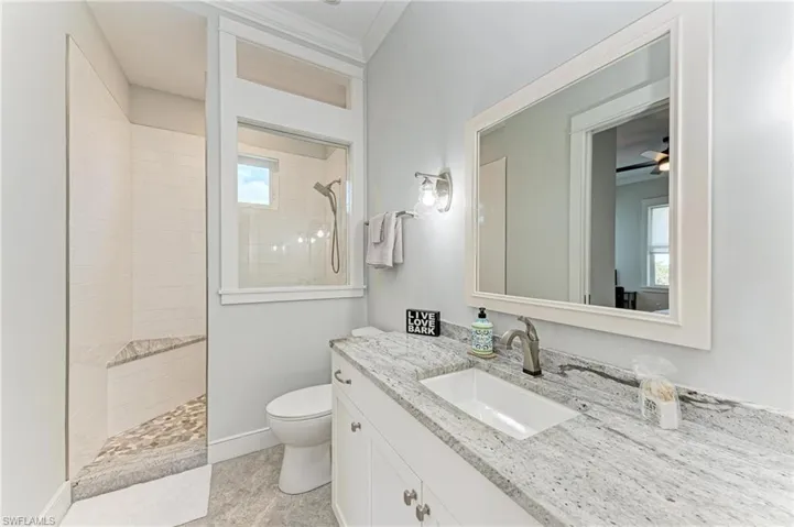 Bathroom featuring vanity, tiled shower, ornamental molding, and toilet