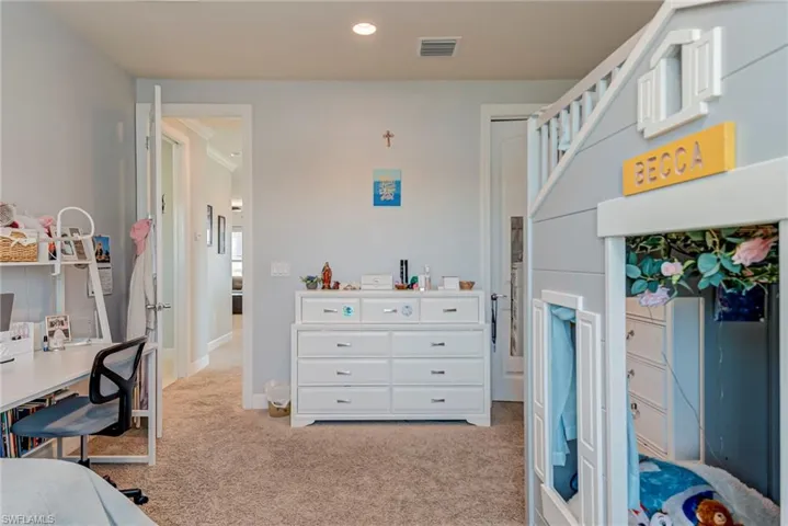 Bedroom with carpet, recessed lighting