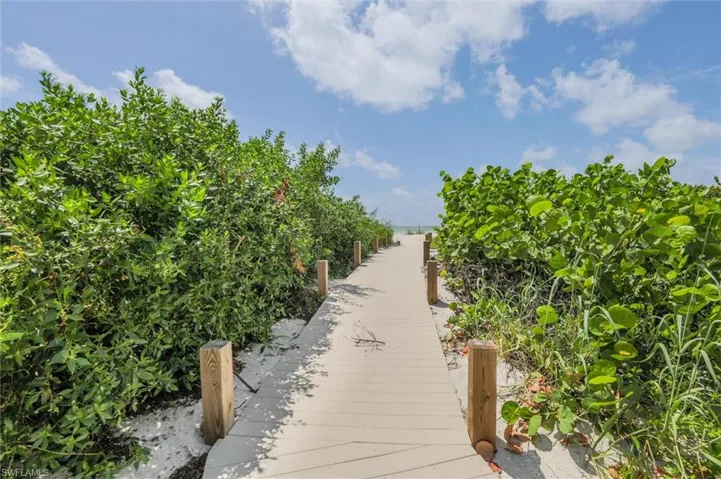 View of property's community featuring view of water and beach