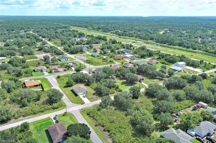 Aerial view of residential area featuring a forest