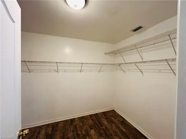 Walk in closet featuring dark wood-style flooring