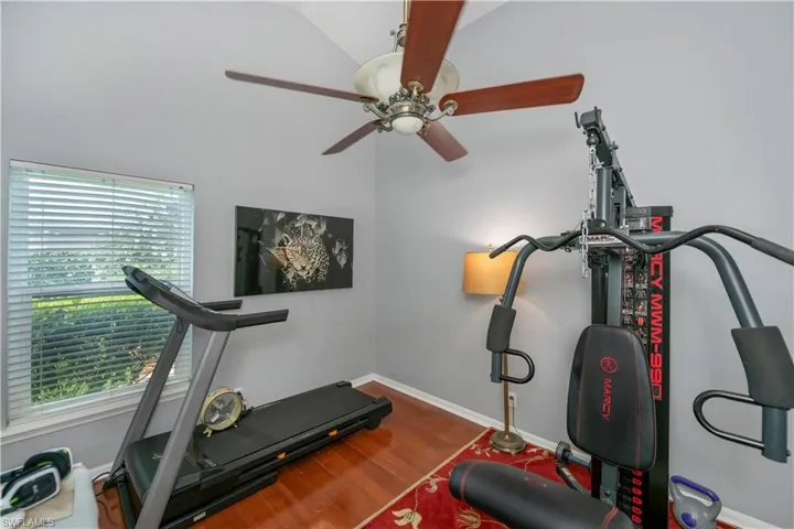 Workout room featuring wood finished floors, ceiling fan, and healthy amount of natural light