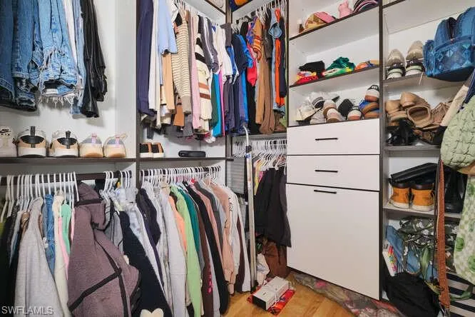 Walk in closet with light wood-style flooring