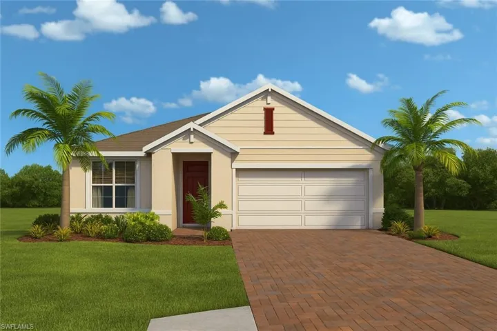 Single story home featuring a front yard, decorative driveway, stucco siding, and a garage