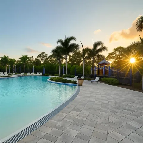 Community pool with a gazebo and a patio area