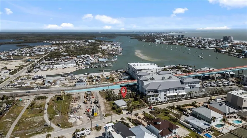 Aerial view of a nearby body of water