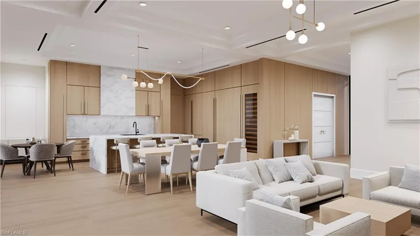 Architectural rendering. Plans and finishes can be customized. Living area with a chandelier, light wood-style floors, and recessed lighting.