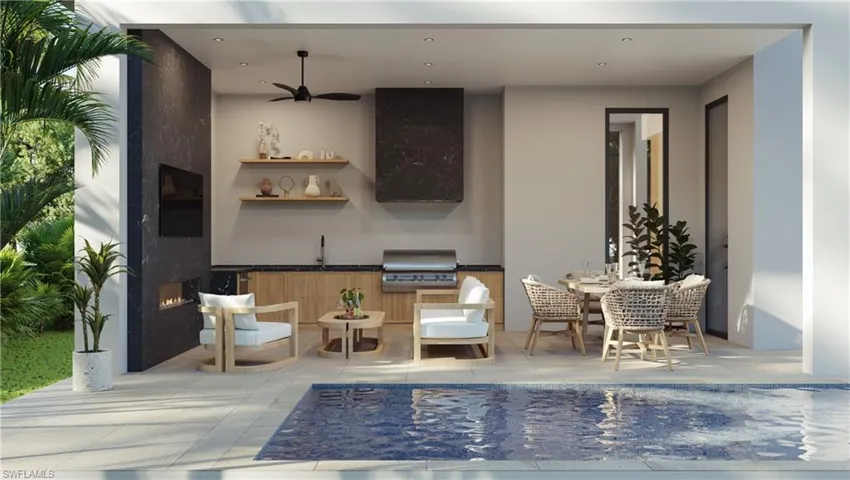 Architectural rendering. Plans and finishes can be customized. Patio outdoor kitchen featuring open shelves, recessed lighting, dark countertops, and a ceiling fan.