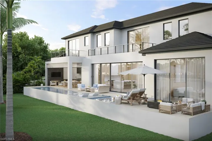 Architectural rendering. Plans and finishes can be customized. Back of property featuring an outdoor living space, a balcony, a patio, and stucco siding.