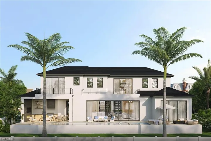 Architectural rendering. Plans and finishes can be customized. Rear view of house featuring an outdoor hangout area, a patio area, stucco siding, and a balcony.