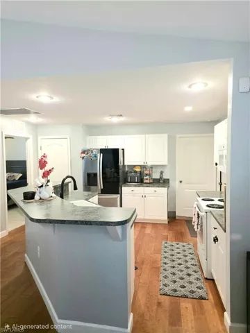 Kitchen with dark countertops, white range with electric stovetop, light wood-style floors, white cabinets, and a kitchen bar