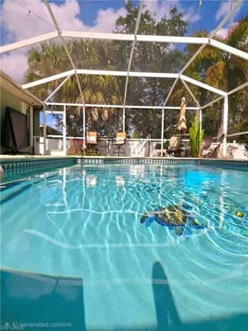 Outdoor pool with glass enclosure, a sunroom, and a patio