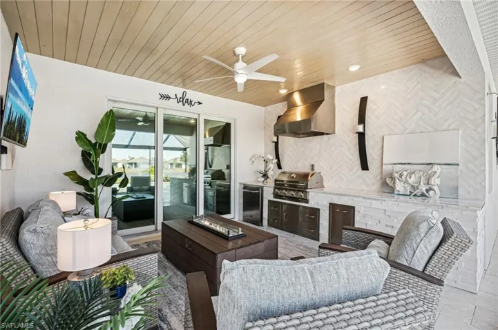 Living room featuring wood ceiling