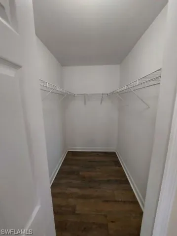 Walk in closet with dark wood-style floors