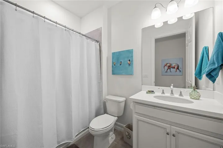 Bathroom with a shower with shower curtain and vanity