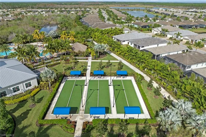 Aerial perspective of suburban area with a nearby body of water