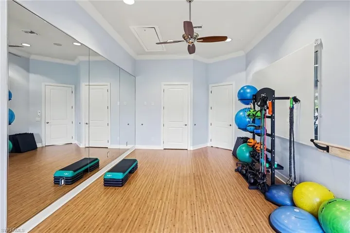 Integrated wall mirrors, wood-finish flooring, ceiling fan, crown molding, and two panel doors