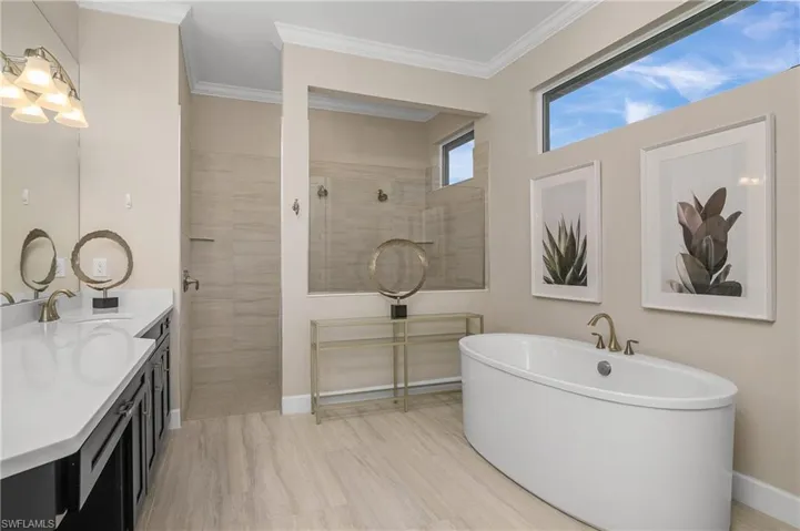 Bathroom featuring ornamental molding, separate shower and tub, and vanity