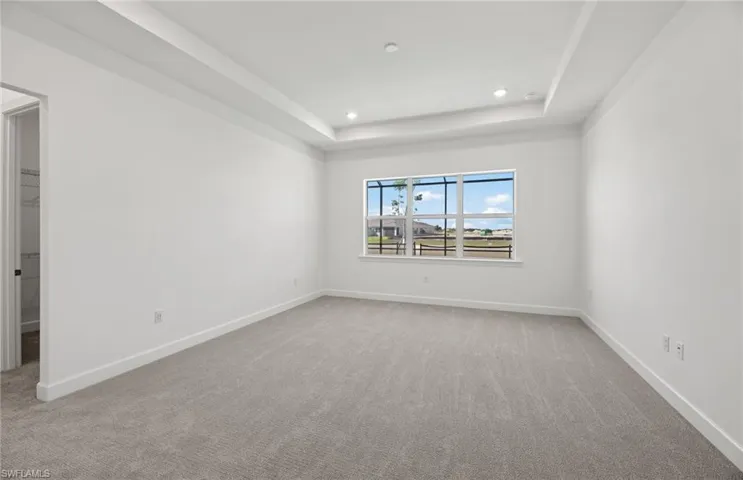 Carpeted spare room with a tray ceiling