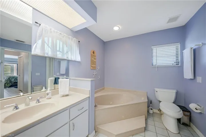 Bathroom featuring tile patterned flooring, vanity, a healthy amount of sunlight, and a washtub