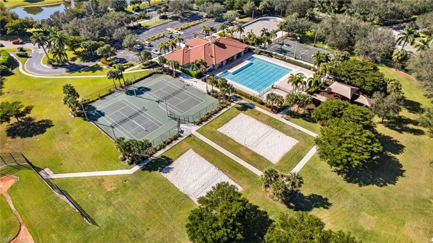 Birds eye view of property with a water view