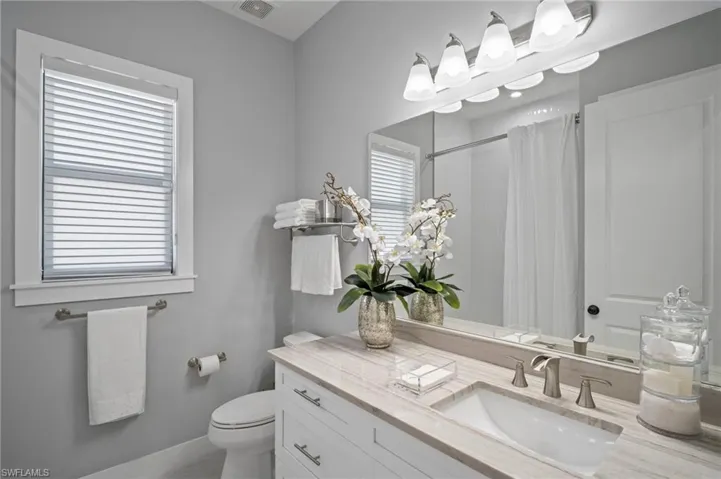 Bathroom with vanity, healthy amount of natural light, and a shower with curtain