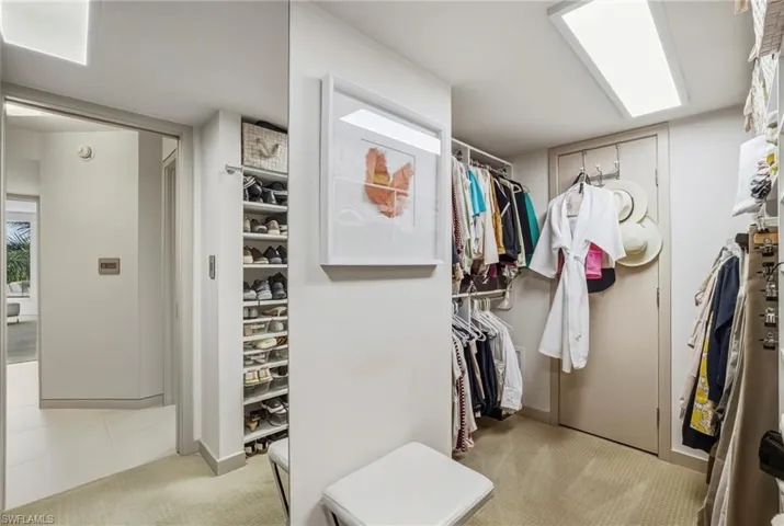 Walk in closet featuring light colored carpet