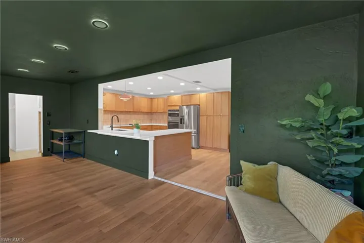 View of the kitchen from the family room.