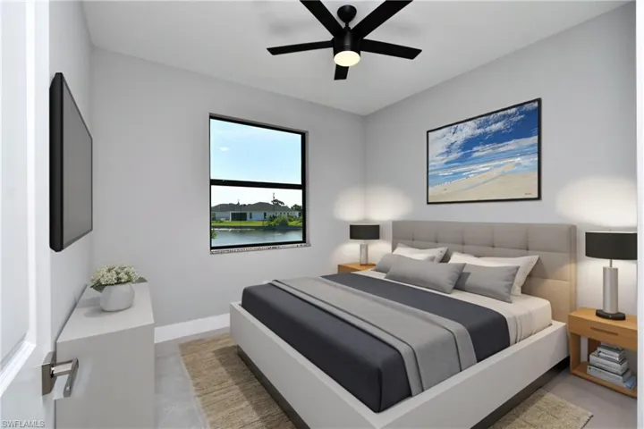 Tiled bedroom with ceiling fan