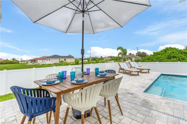 Fenced backyard featuring outdoor dining space