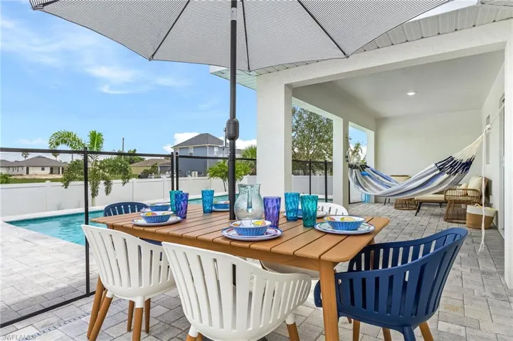 Fenced backyard with a patio and outdoor dining space