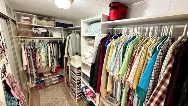 Spacious closet featuring built in shelving for organization